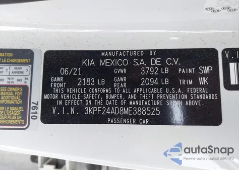 2021 Kia Forte Lxs из США, поврежденный, VIN 3KPF24AD8ME388525